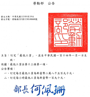 勞動部公告訂定「最低工資」自114年1月1日生效