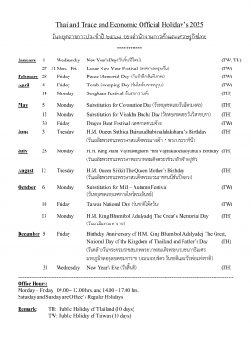 泰辦處公布2025年休假日 全年共20天