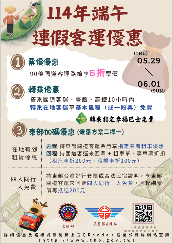 端午節假期疏運期間再次推出90條國道客運路線,享平日優惠或原票價6折以及轉乘優惠。圖/交通部