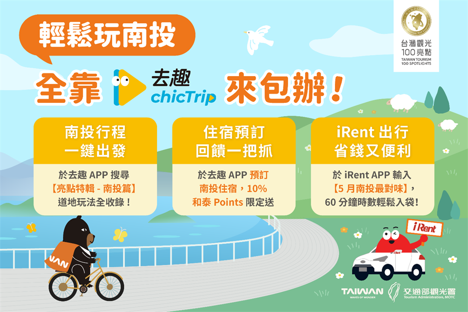 旅程規劃App與共享租車服務針對「台灣觀光100亮點」5月主打星南投推出限定優惠活動。圖/觀光署