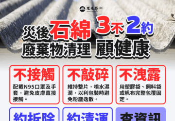 災後石綿建材廢棄物7.8億清運補助政院已核定 環境部提醒民眾清理戴N95口罩 有拆除需求委託合法營造業者。圖／環境部