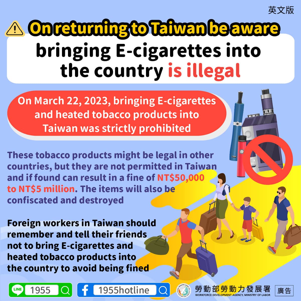 On returning to Taiwan be aware bringing E-cigarettes into the country is  illegal
