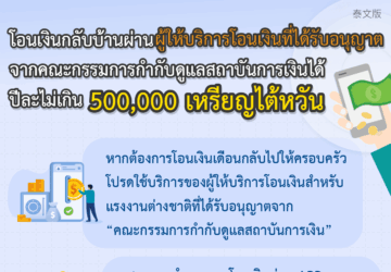 โอนเงินกลับบ้านผ่าน ผู้ให้บริการโอนเงินที่ได้รับอนุญาต จากคณะกรรมการกำกับดูแลสถาบันการเงินได้ปีละไม่เกิน 500,000 เหรียญไต้หวัน