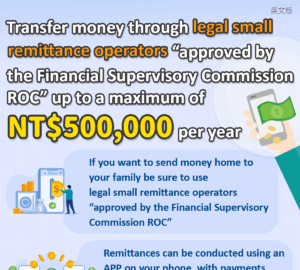 Transfer money through legal small remittance operators “approved by the Financial Supervisory Commission ROC” up to a maximum of NT$500,000 per year