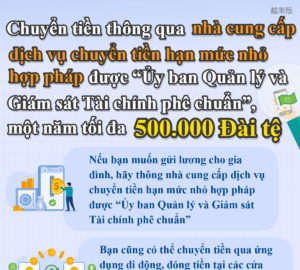 Chuyển tiền thông qua nhà cung cấp dịch vụ chuyển tiền hạn mức nhỏ hợp pháp được “Ủy ban Quản lý và Giám sát Tài chính phê chuẩn”, một năm tối đa 500.000 Đài tệ