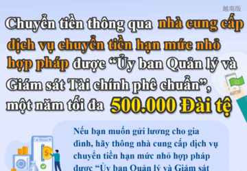 Chuyển tiền thông qua nhà cung cấp dịch vụ chuyển tiền hạn mức nhỏ hợp pháp được “Ủy ban Quản lý và Giám sát Tài chính phê chuẩn”, một năm tối đa 500.000 Đài tệ