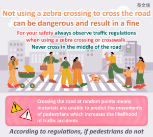 Not using a zebra crossing to cross the road can be dangerous and result in a fine