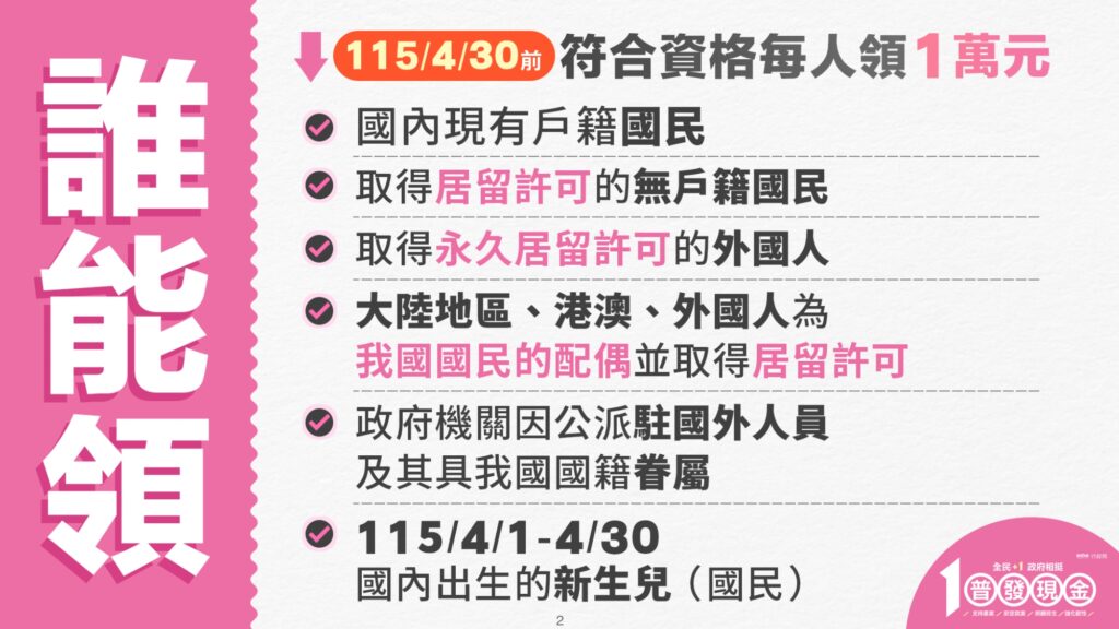 包括取得居留許可的外籍配偶、永居外國人都有資格領取。圖／財政部