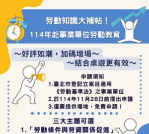 台北市赴企業勞教課程 95場可申請