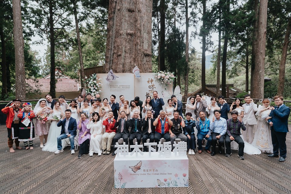 15 couples came before the Alishan Sacred Tree for their wedding ceremony. photo/Tourism Administration