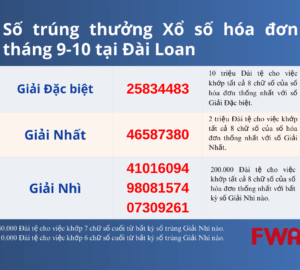 Công bố số trúng thưởng Xổ số hóa đơn tháng 9-10 tại Đài Loan