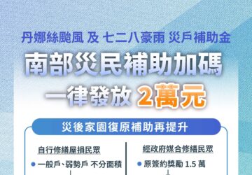 丹娜絲颱風災民補助金 調整均發2萬元