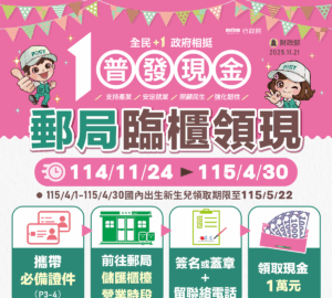 Phát tiền mặt 10.000 Đài tệ: Nhận tại Bưu điện bắt đầu từ ngày 24/11. photo/MOF