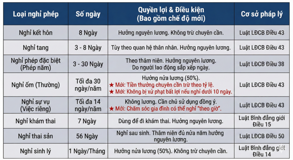 [Bảng Tóm tắt] Tổng quan Quyền lợi Nghỉ phép Lao động