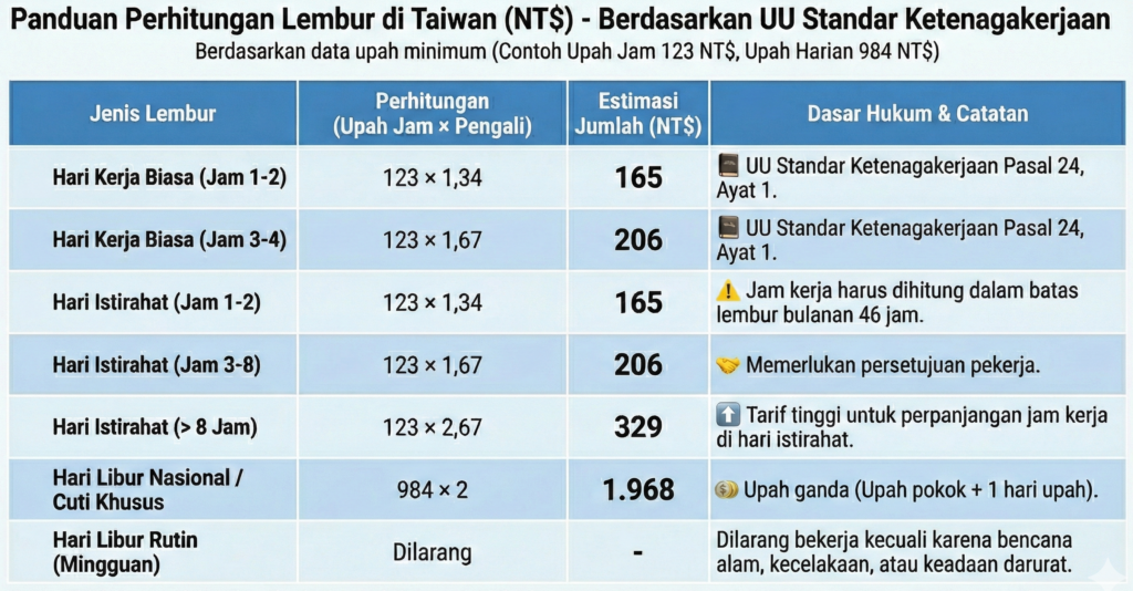 Referensi Perhitungan Uang Lembur (Contoh: Gaji Bulanan NT$29.500)