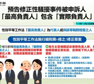 勞動部預告修法 性騷擾申訴將增列「實際負責人」