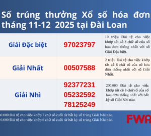 Công bố số trúng thưởng Xổ số hóa đơn tháng 11-12 tại Đài Loan