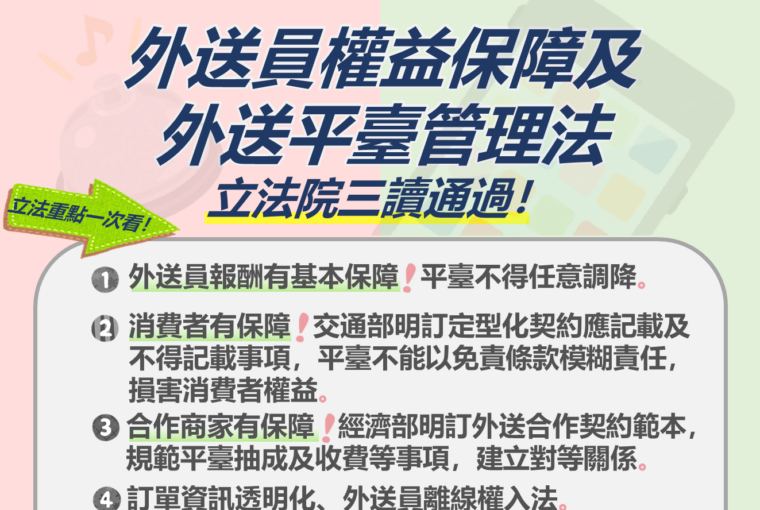 外送員專法三讀 保障每單報酬最低45元。圖／勞動部