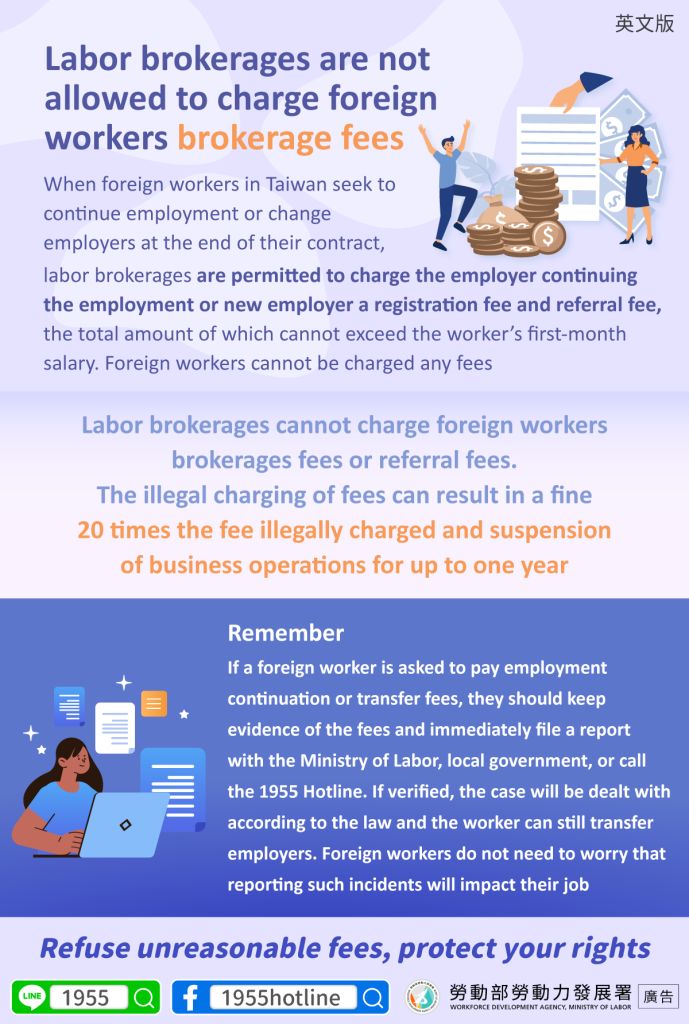 Labor brokerages are not allowed to charge foreign workers brokerage fees