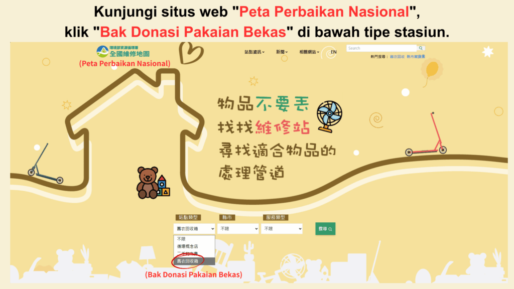 Kunjungi situs web "Peta Perbaikan Nasional". Jika Anda ingin mencari bak donasi pakaian bekas, klik pada "Bak Donasi Pakaian Bekas" di bawah tipe stasiun.