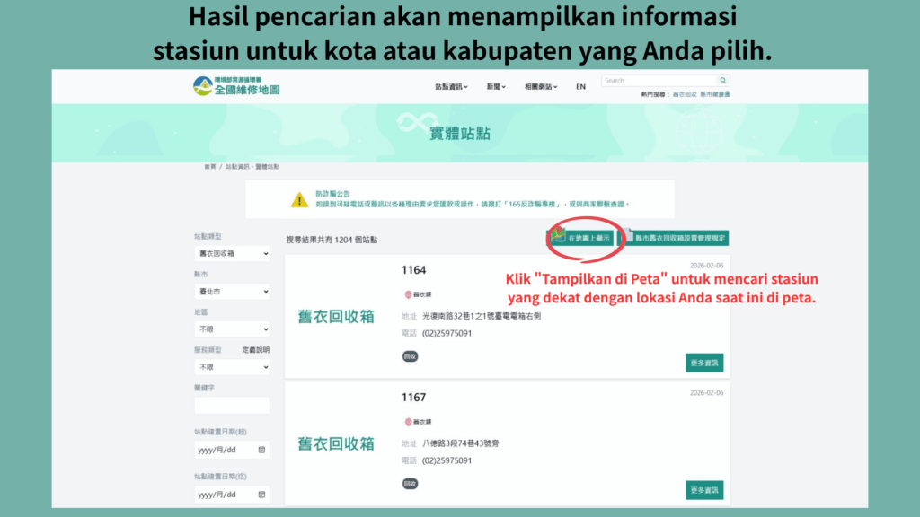 Hasil pencarian akan menampilkan informasi stasiun untuk kota atau kabupaten yang Anda pilih. Klik "Tampilkan di Peta" untuk mencari stasiun yang dekat dengan lokasi Anda saat ini di peta.