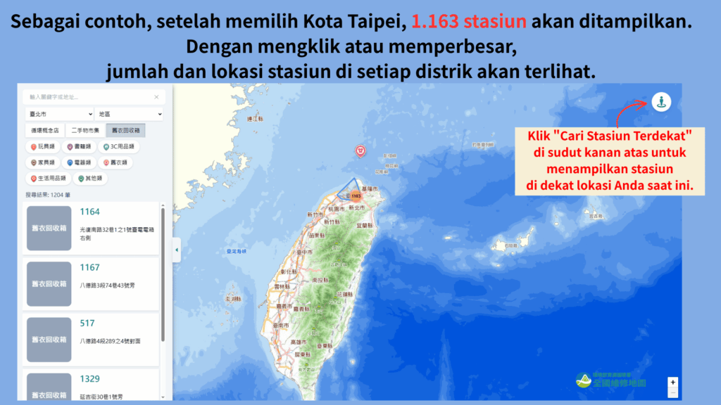 Sebagai contoh, setelah memilih Kota Taipei, 1.163 stasiun akan ditampilkan. Dengan mengklik atau memperbesar, jumlah dan lokasi stasiun di setiap distrik akan terlihat.