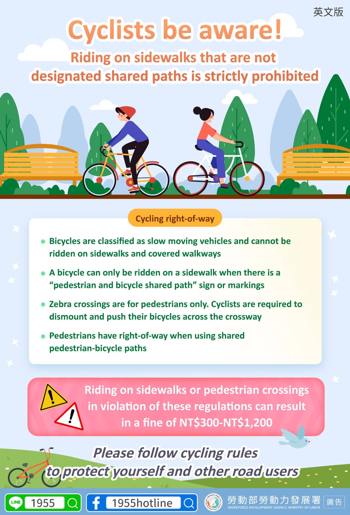 Cyclists be aware! Riding on sidewalks that are not designated shared paths is strictly prohibited