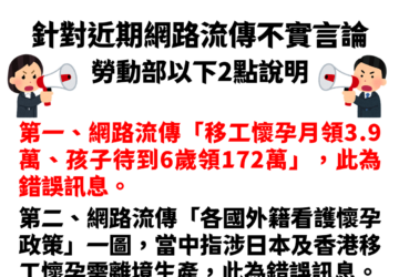 網傳懷孕移工補助多 勞動部指假訊息