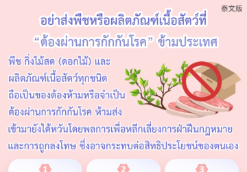 อย่าส่งพืชหรือผลิตภัณฑ์เนื้อสัตว์ที่ “ต้องผ่านการกักกันโรค” ข้ามประเทศ