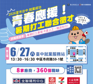 就業媒合｜2026「富市台中 就業成功」暑期打工聯合徵才(6/27)。圖／台中市政府勞工局