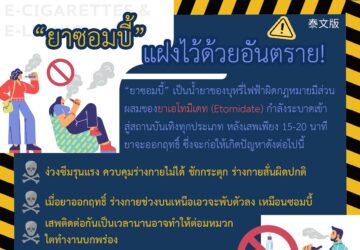“ยาซอมบี้” เป็นน้ำยาของบุหรี่ไฟฟ้าผิดกฎหมายมีส่วนผสมของยาเอโทมีเดท (Etomidate) กำลังระบาดเข้าสู่สถานบันเทิงทุกประเภท หลังเสพเพียง 15-20 นาทียาจะออกฤทธิ์ ซึ่งจะก่อให้เกิดปัญหาดังต่อไปนี้ •ง่วงซึมรุนแรง ควบคุมร่างกายไม่ได้ ชักกระตุก ร่างกายสั่นผิดปกติ •เมื่อยาออกฤทธิ์ ร่างกายช่วงบนเหนือเอวจะพับตัวลง เหมือนซอมบี้ •เสพติดต่อกันเป็นเวลานานอาจทำให้ต่อมหมวกไตทำงานบกพร่อง •เสพมากเกินไปอาจเป็นอันตรายถึงชีวิต คำเตือน : ยาเอโทมีเดทจัดเป็นยาเสพติดให้โทษประเภทที่ 1 การเสพหรือครอบครองต้องระวางโทษปรับ 10,000-50,000เหรียญไต้หวัน และต้องเข้ารับการอบรมโทษและอันตรายจากยาเสพติด 4-8 ชั่วโมง