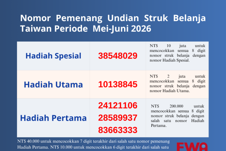 Nomor Pemenang Undian Struk Belanja Taiwan Mei-Juni 2026 Diumumkan
