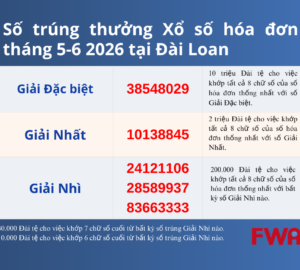 Công bố số trúng thưởng Xổ số hóa đơn tháng 5-6 năm 2026 tại Đài Loan