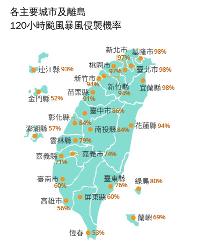 週五颱風假有望? 北臺灣10縣市侵襲機率突破9成。圖/氣象署
