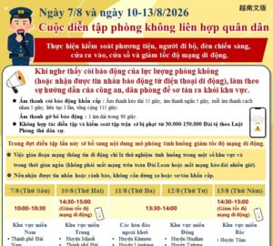 Ngày 7/8 và ngày 10-13/8/2026 Cuộc diễn tập phòng không liên hợp quân dân