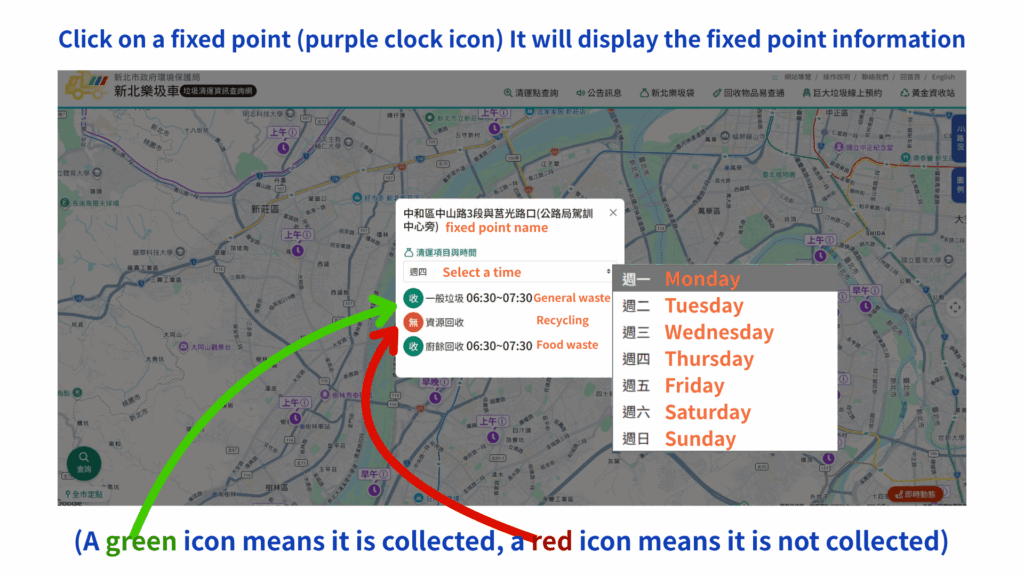 Click on a fixed point on the map (purple clock icon) to view its open hours from Monday to Sunday
