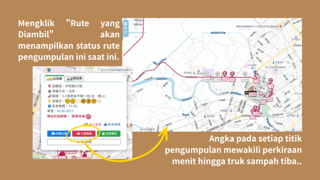 Mengklik tombol merah "Rute yang Diambil" akan menampilkan status rute pengumpulan ini saat ini.