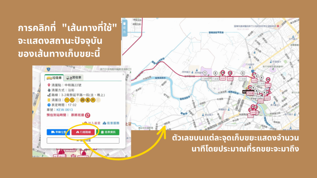 การคลิกที่ "เส้นทางที่ใช้" จะแสดงสถานะปัจจุบันของเส้นทางเก็บขยะนี้