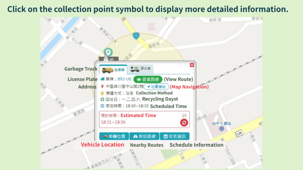 Click on any collection point symbol on the map to display detailed information
