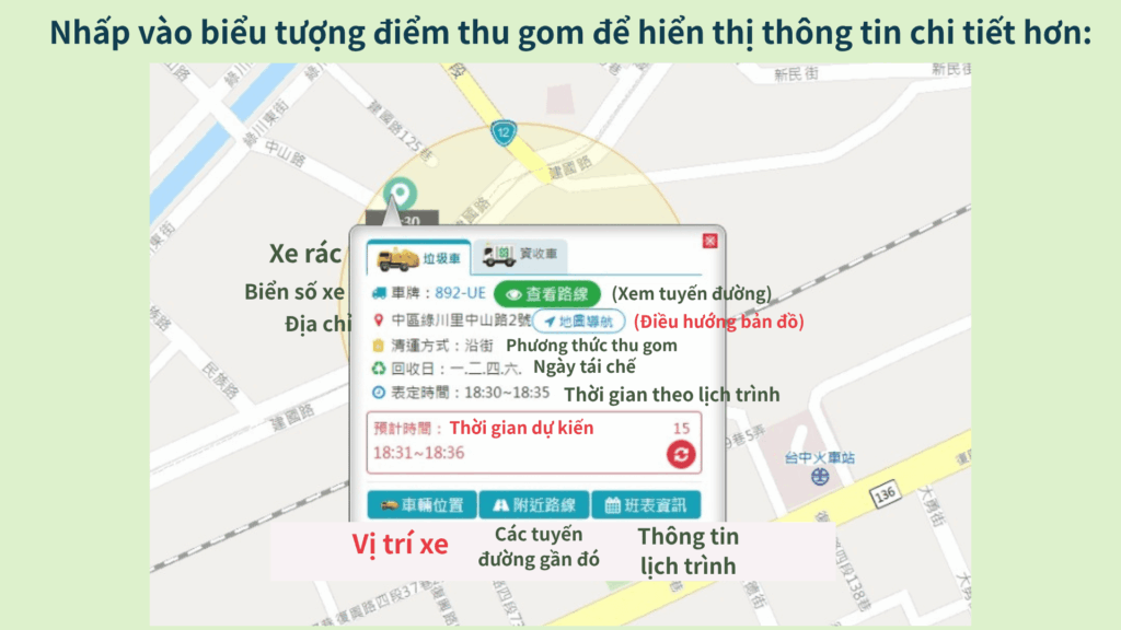 Nhấp vào bất kỳ biểu tượng điểm thu gom nào trên bản đồ để hiển thị thông tin chi tiết
