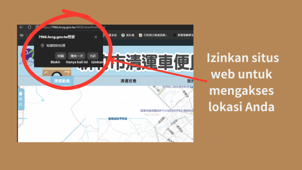 Halaman web akan meminta akses ke lokasi Anda.