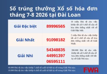 Công bố số trúng thưởng Xổ số hóa đơn tháng 7-8 năm 2026 tại Đài Loan