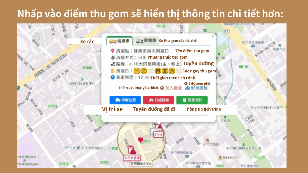 Nhấp vào điểm thu gom sẽ hiển thị thông tin chi tiết hơn.