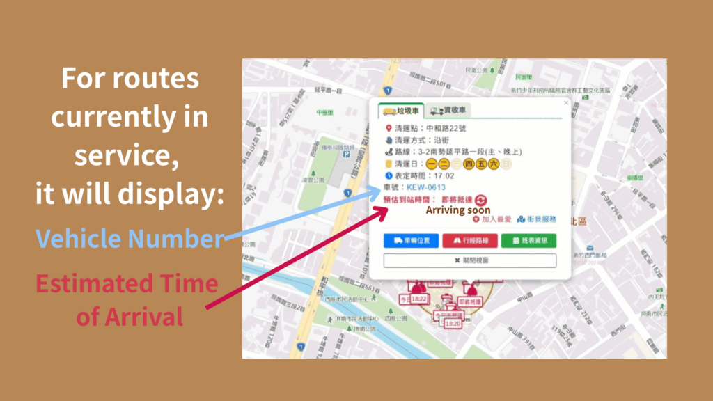 If the route is currently active, the information panel will display the "Vehicle Number" and "Estimated Time of Arrival".