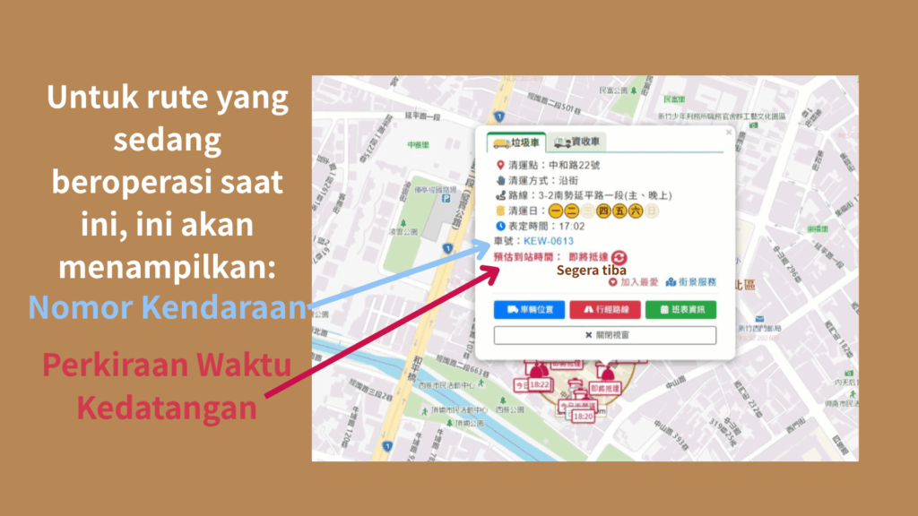 Untuk rute yang sedang beroperasi saat ini, panel informasi akan menampilkan "Nomor Kendaraan" dan "Perkiraan Waktu Kedatangan".
