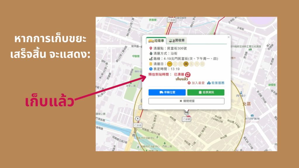 หากการเก็บขยะเสร็จสิ้น จะแสดง: เก็บแล้ว