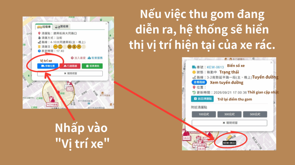 Nếu việc thu gom đang diễn ra, hệ thống sẽ hiển thị vị trí hiện tại của xe rác.