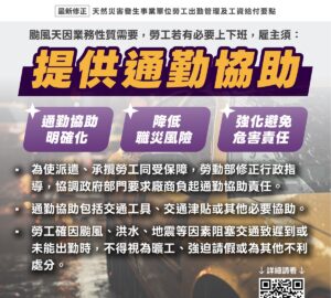 颱風薔琵來襲 勞動部：停班可不出勤　雇主要求勞工颱風天出勤 應提供通勤協助