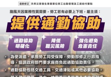 颱風薔琵來襲 勞動部：停班可不出勤　雇主要求勞工颱風天出勤 應提供通勤協助