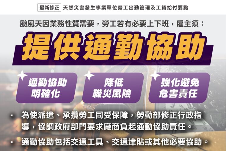 颱風薔琵來襲 勞動部：停班可不出勤　雇主要求勞工颱風天出勤 應提供通勤協助